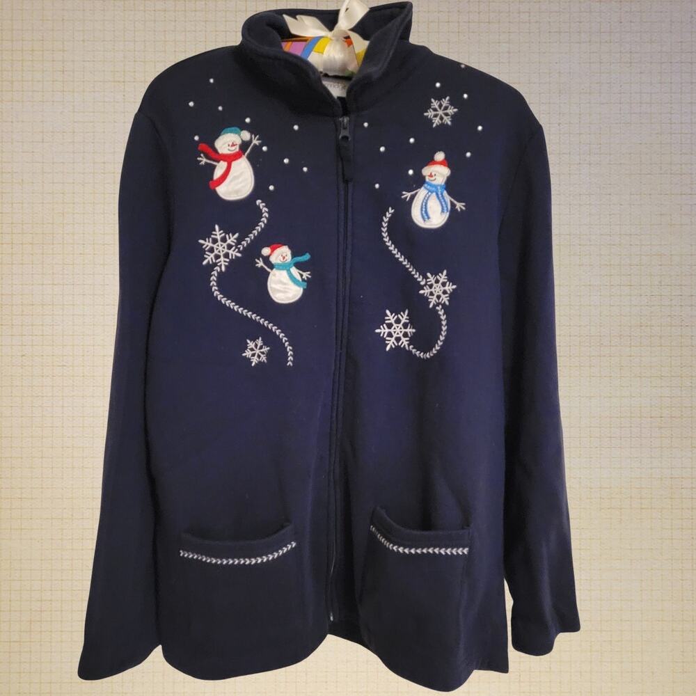 Breckenridge Full Zip Christmas Holiday Ugly Cardigan Sweater Blue Womens Large